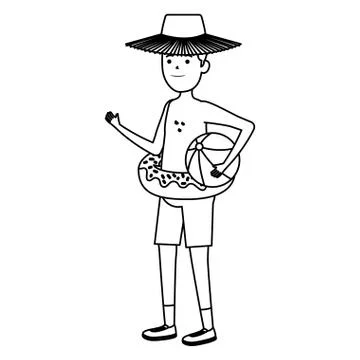Young man with donut float and balloon beach Stock Illustration