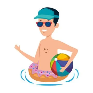 Young man with donut float and balloon beach Stock Illustration