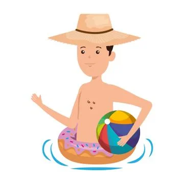 Young man with donut float and balloon beach Stock Illustration