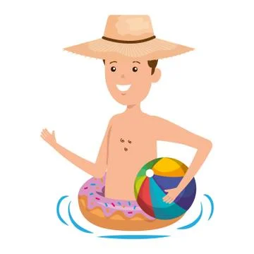 Young man with donut float and balloon beach Illustrazione stock