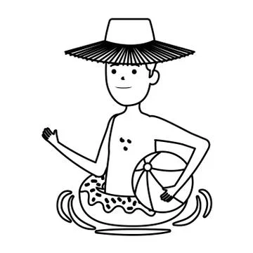 Young man with donut float and balloon beach Stock Illustration