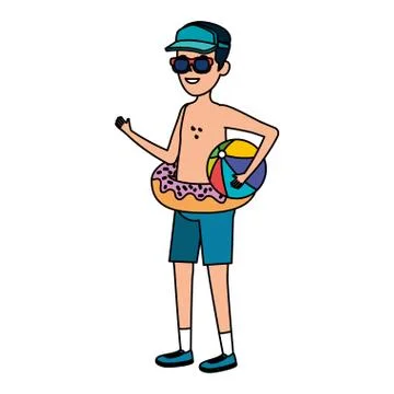Young man with donut float and balloon beach Illustrazione stock
