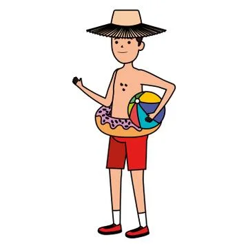 Young man with donut float and balloon beach Illustrazione stock