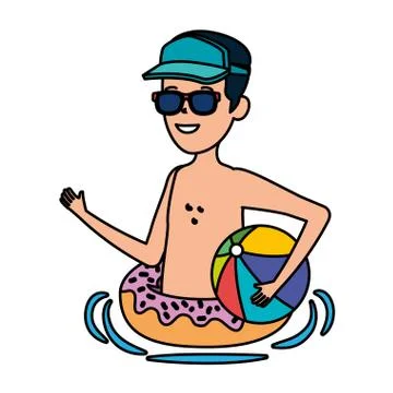 Young man with donut float and balloon beach Stock Illustration
