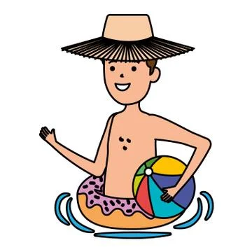 Young man with donut float and balloon beach Illustrazione stock