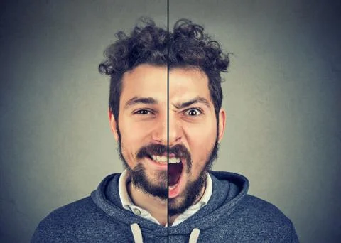 Young man with double face expression Stock Photos