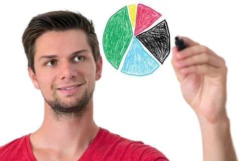 Young man drawing a pie chart Foto stock