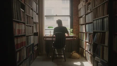 Young Man with Dreads Studies at Desk in College Library Window Light Stock Footage 222008592