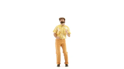 Young man dressing 70s yellow orange vintage clothes and hat dances Vídeo Stock 64536845
