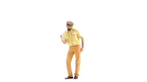 Young man dressing 70s yellow orange vintage clothes and hat snapping 動画素材 64536973