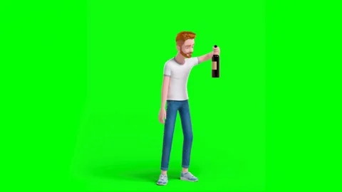 Young Man Drinking and Swaying Holding Wine Bottle on Green Background Stock Footage 329733174