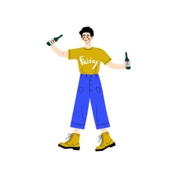 Young Man Drinking Beer, Drunk Guy in Casual Clothes Holding Two Bottles of Stock Illustration