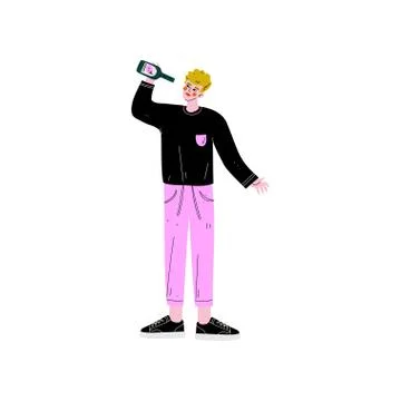 Young Man Drinking Beer, Drunk Guy in Casual Clothes with Bottle of Alcohol Stock Illustration