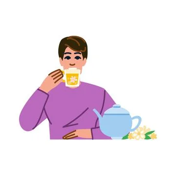 Young man drinking chamomile tea with teapot and flowers decoration Stock Illustration