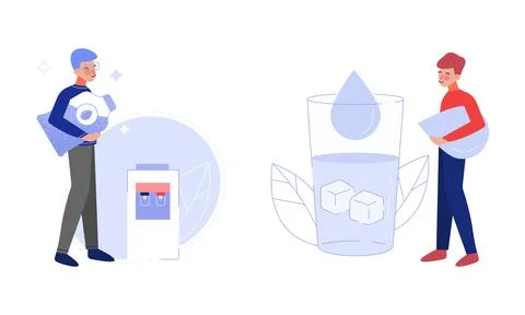Young Man Drinking Clean and Pure Potable Water Quenching Thirst Vector Set Stock Illustration