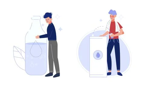 Young Man Drinking Clean and Pure Potable Water Quenching Thirst Vector Set Stock Illustration