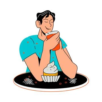 Young man drinking coffee and eating cupcake in cafeteria or coffeehouse, car Stock Illustration