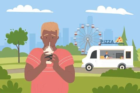 Young man drinking cold sweet drink in fair city park, festival summer urban Stock Illustration
