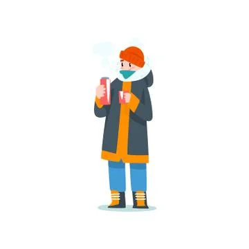 Young man drinking hot tea from thermos, outdoor leisure, extremal ice winter Stock Illustration