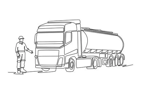 Young man driver gesturing toward a heavy fuel tanker truck Stock Illustration