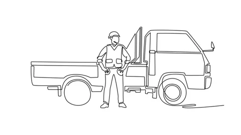 Young man driver standing in front of an empty pickup truck bed Stock Footage 342801508