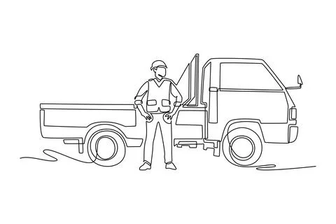 Young man driver standing in front of an empty pickup truck bed Stock Illustration