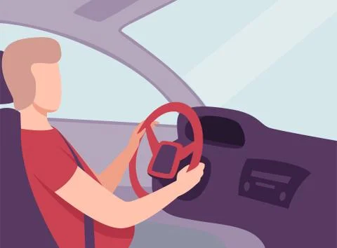 Young Man Driving a Car, Side View, Male Driver Character Holding Hands on a Stock Illustration