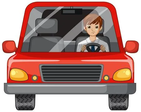 Young Man Driving a Red Car Front View Vector Illustration Stock Illustration