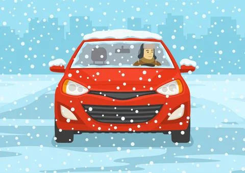 Young man driving a red mini car on a snowy city road. Front view. Stock Illustration