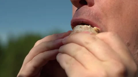 A young man eats shawarma on a background of forest and blue sky Stock Footage 155452262