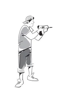 Young man with electric drill vector icon Stock Illustration
