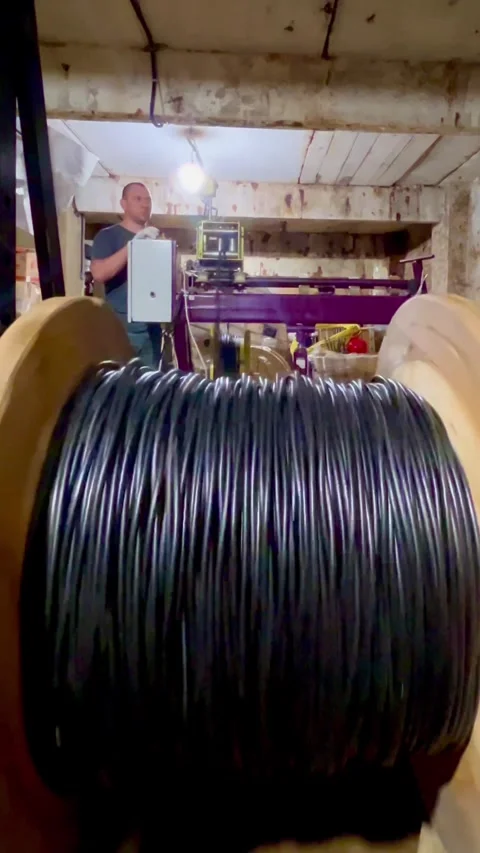 Young man engineer controls machine for production cable. Electrical wire is Stock Footage 322002894