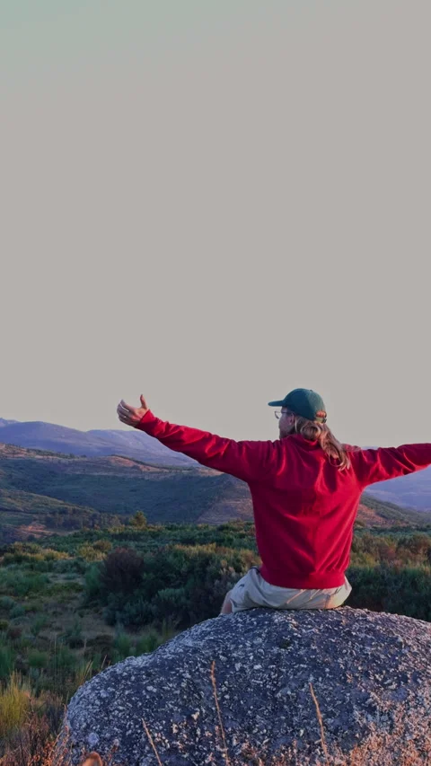 Young Man Enjoying Mountain Scenery in Portugal 스톡 동영상 343754567