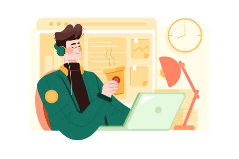 Young man enjoys working space Illustrazione stock