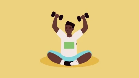 Young man exercising with dumbbells while sitting in lotus position on yell.. Stock Footage 339115692
