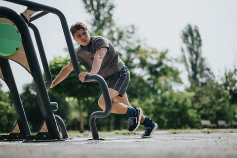 Young man exercising outdoors using fitness equipment in a park Stock Photos