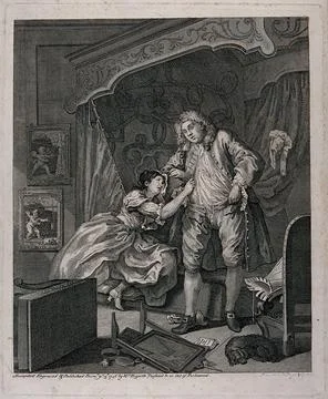 A young man with an exhausted expression after sex pulls on his breeches be.. Stock Illustration