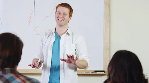 Young man explaining to coworkers using graph Stock Footage 80227293