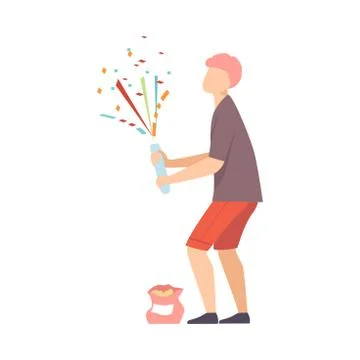 Young Man Explode The Firecracker With Confetti Vector Illustration Cartoon Stock Illustration