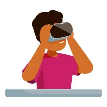 Young man exploring virtual reality using headset at desk Stock Illustration