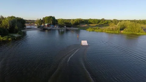 Young Man Fast Rides On A Wakeboard. Aerial View Stock Footage 101877489