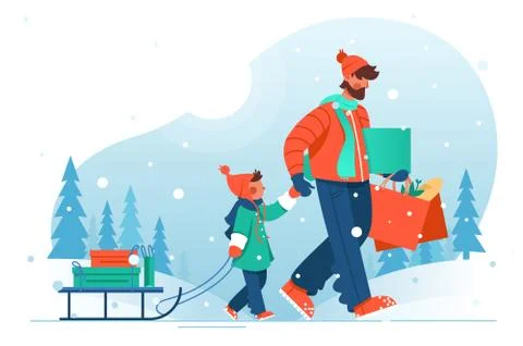 Young man father with beard goes with his son with sleigh with shopping. Stock Illustration