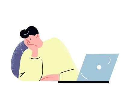 Young man feeling tired of doing computer work in office イラスト素材
