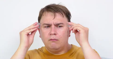 Young man feels bad because of heat or he has headache, so he puts ice cubes to Stock Footage 202617721