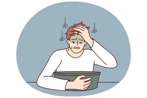 Young man feels nausea sitting near basin experiencing problem after being Stock Illustration