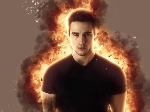 Young man with fire explosion or flame burst behind him Young man with fir... Stock-Fotos