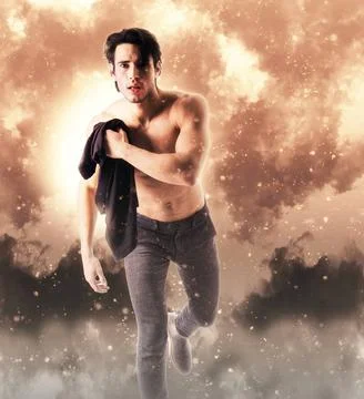 Young man with fire explosion or flame burst behind him Young man with fir... Stock-Fotos