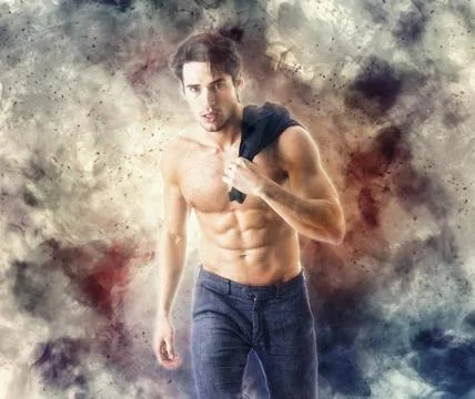 Young man with fire explosion or flame burst behind him Young man with fir... Stock-Fotos