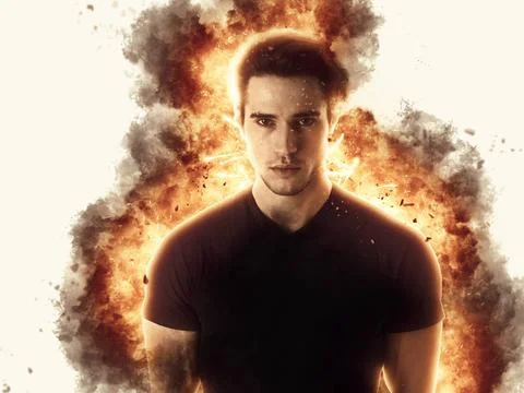 Young man with fire explosion or flame burst behind him Young man with fir... Stock-Fotos