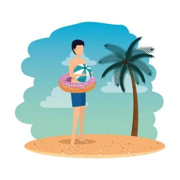Young man with float donut and balloon plastic on the beach Stock Illustration